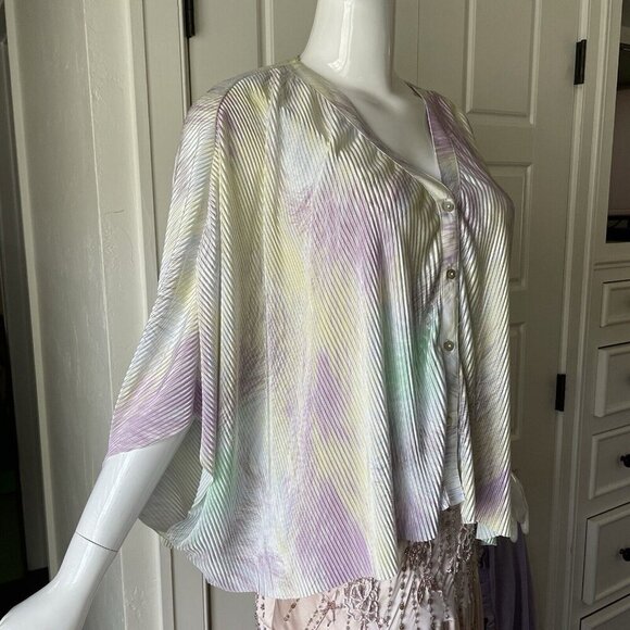 Entro Top Womens M/L Multi Pastel Tie-Dye Pleated Boxy Crop Blouse Spring - Picture 6 of 10